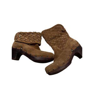 UGG Sheepskin Tan Braided Heeled Booties Foldover Size 9 Leather